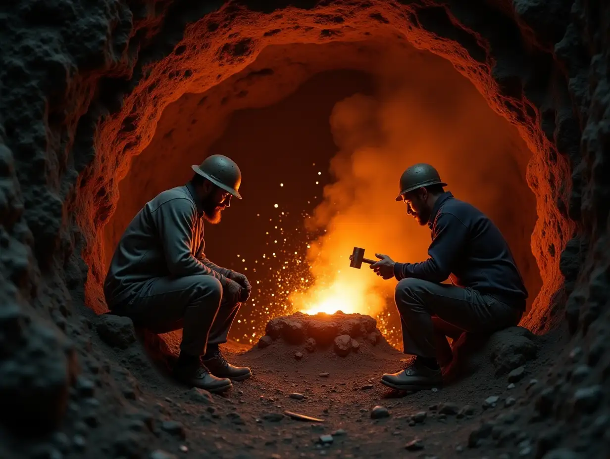 One person is mining metal in a mine, another one next to him is melting it in a furnace, the third person is making a tool from cast metal.