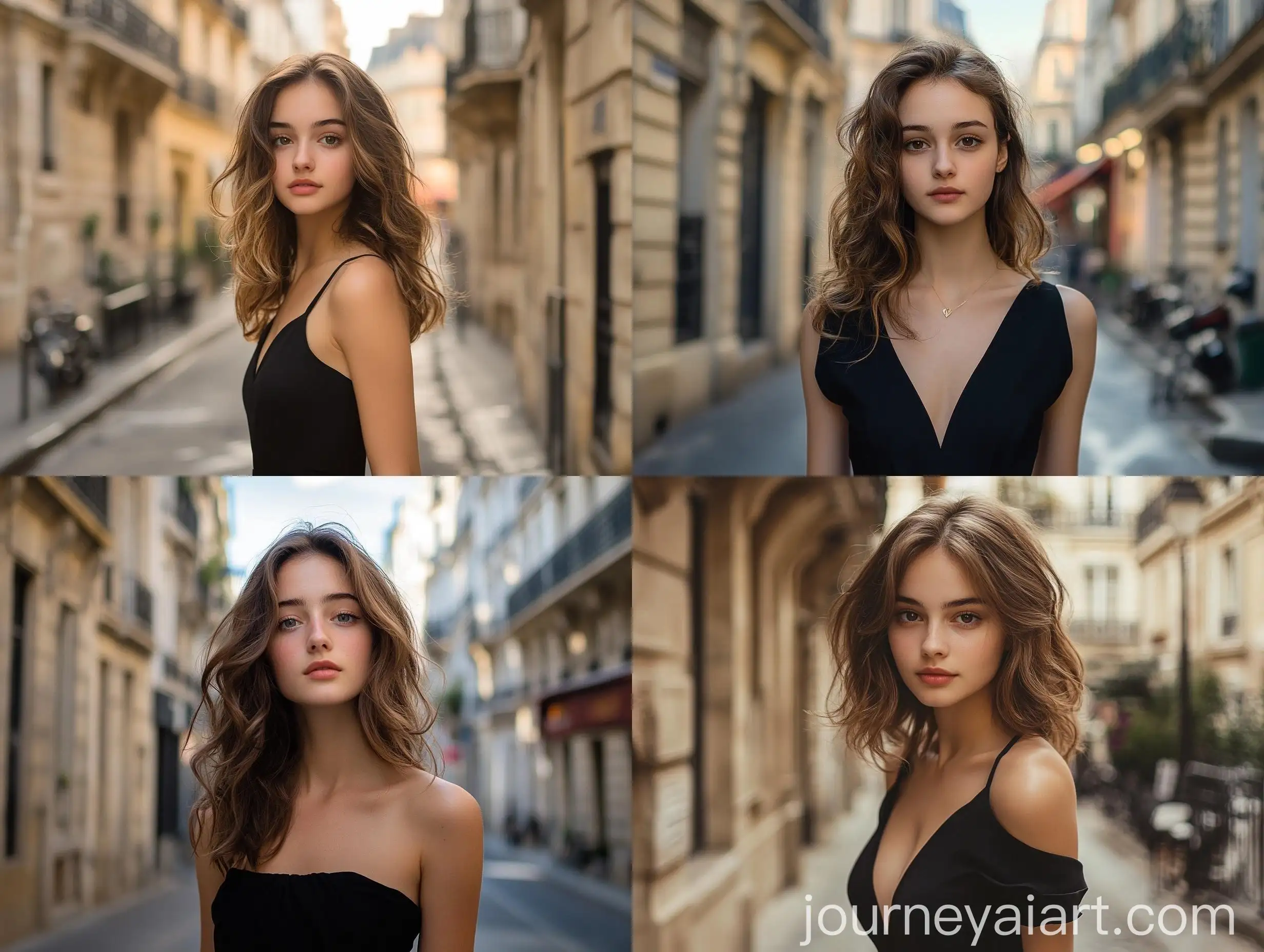 Confident-Young-Woman-in-Parisian-Black-Dress-Walking-Down-Charming-Street