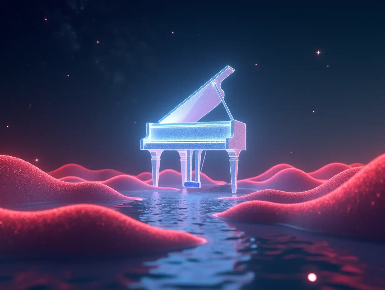 An ethereal landscape with a floating piano glowing in white light, digital synth bass red waves intertwining with piano notes, and stars sparkling in the background