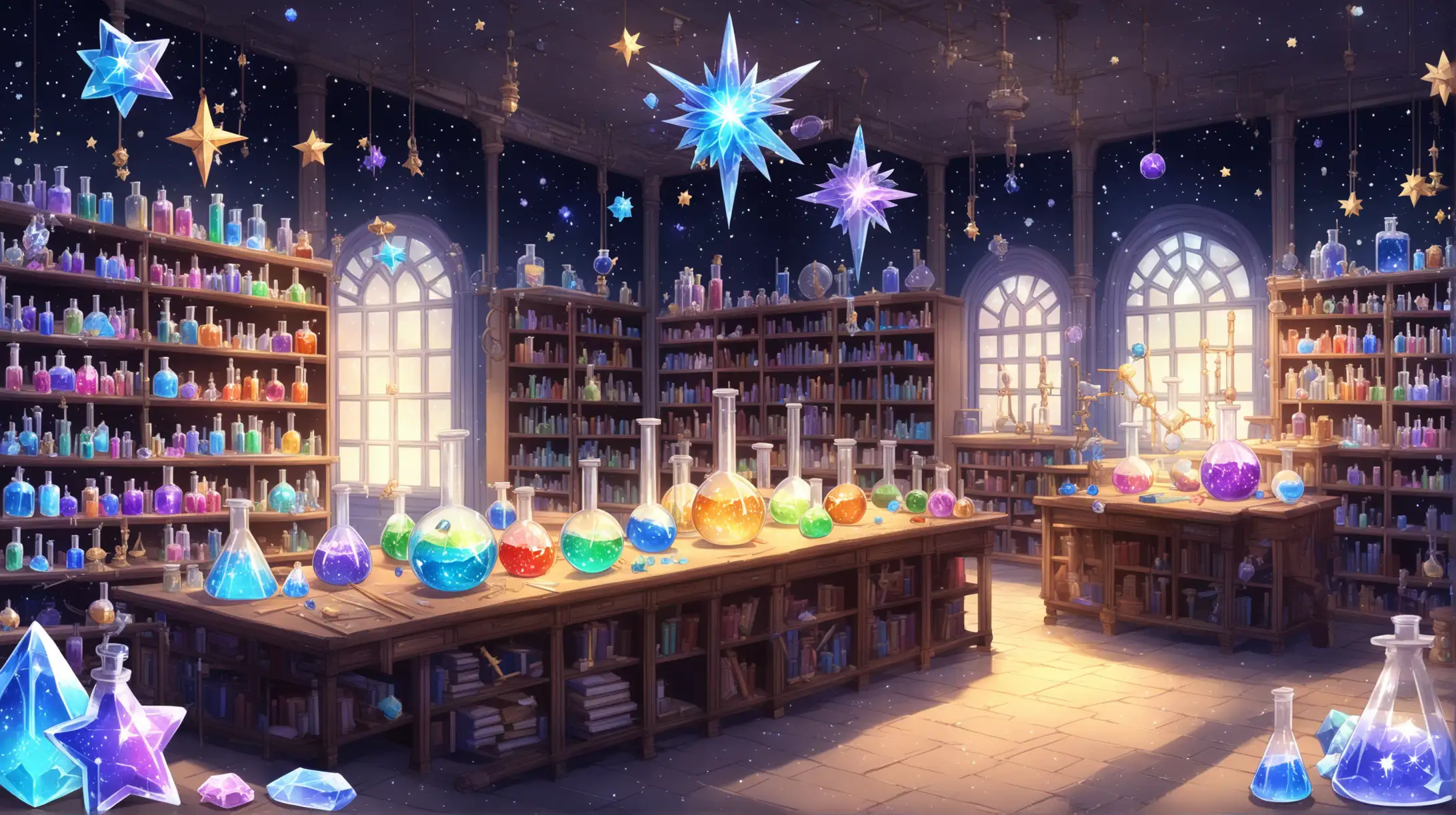 Enchanting Chemistry Workshop of a Magic School with Stars and Crystals