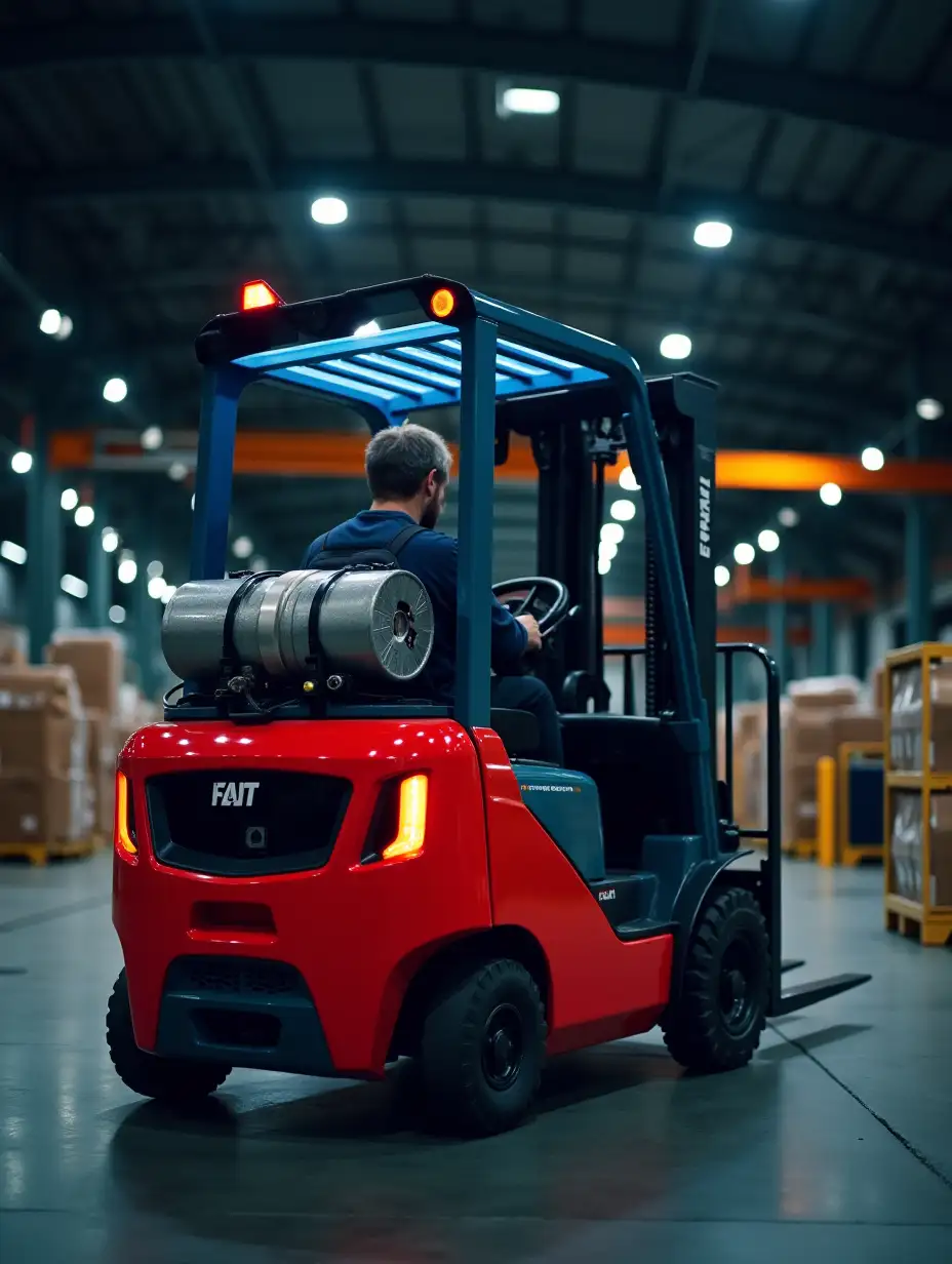 red-blue electric forklift at the warehouse