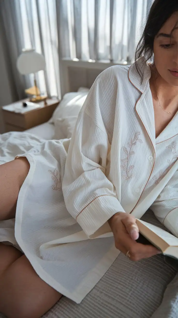 Woman-in-Oversized-Sleepshirt-Reading-in-Sunlit-Bedroom