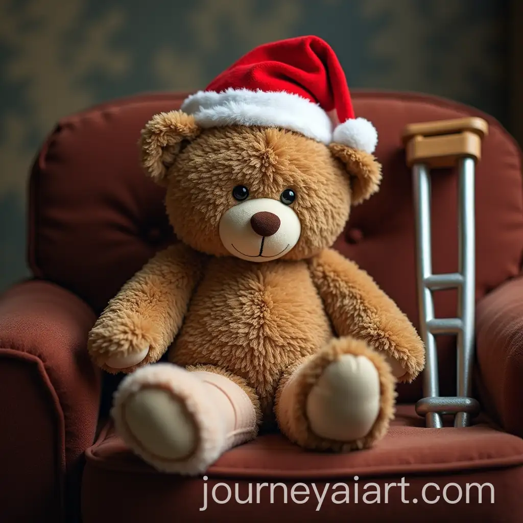 Teddy-Bear-with-Christmas-Hat-Sitting-on-Sofa-with-Crutches-and-Leg-Cast