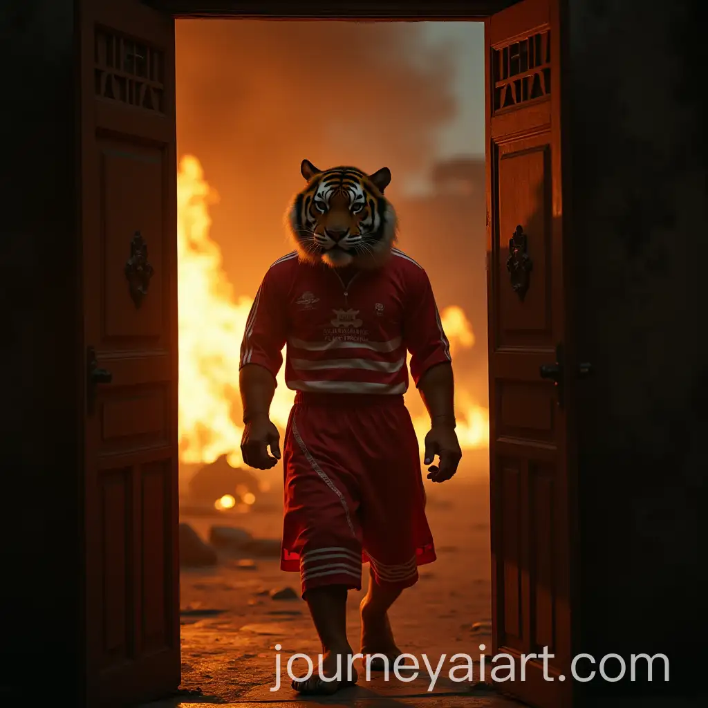 TigerHeaded-Human-Monster-in-Ancient-Chinese-Clothing-with-Club-Africain-Logo-Emerging-from-Flames