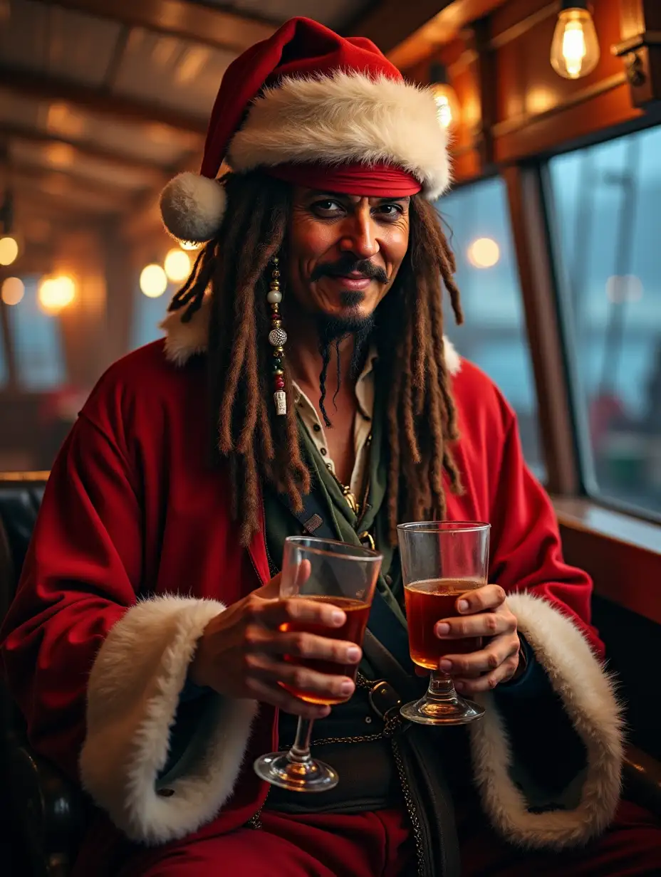 Jack Sparrow, dressed as santa claus, toasting with rum, on board of his ship