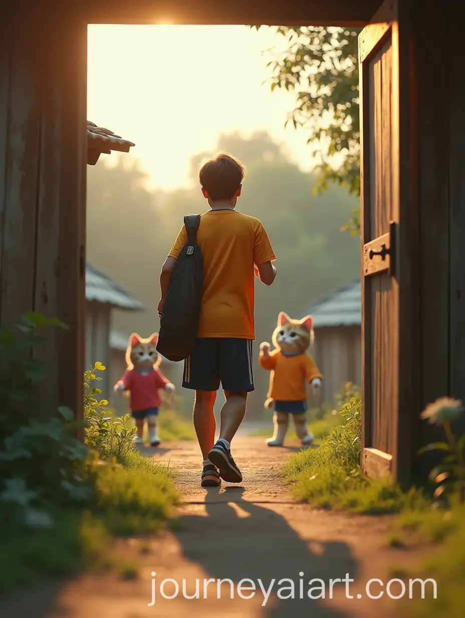 Goalkeeper-Walking-Out-of-Village-House-with-Anthropomorphic-Cats-Warming-Up