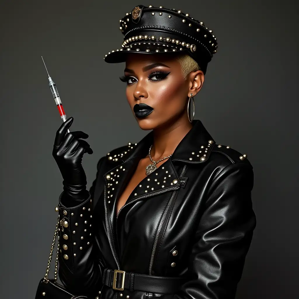 Dark-African-Drag-Queen-Cynthia-Erivo-in-Black-Studded-Leather-Outfit-with-Needle-and-Accessories