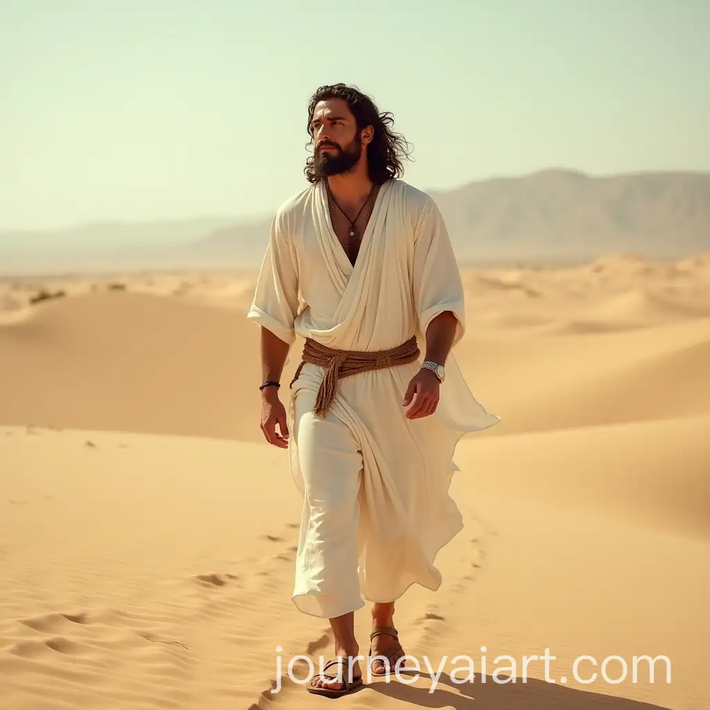Jesus-Walking-in-the-Desert-Wearing-White-Tunic-Belt-and-Sandals