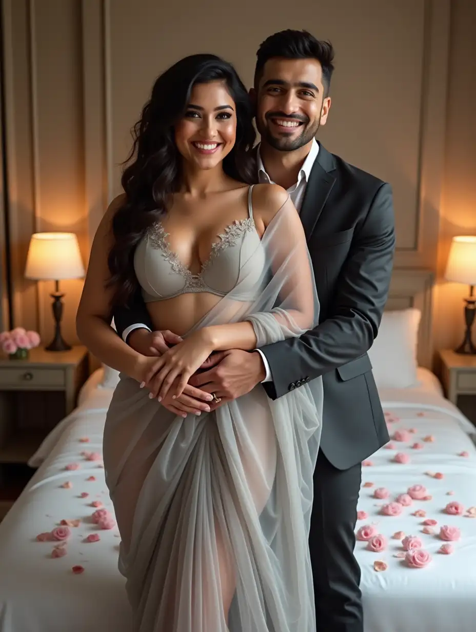 A stunning full-body cute Indian standing in a romantic embrace, smiling warmly. She has curvier figure with a cute, beautiful round face and is wearing a half saree of light grey color. Saree is of net material and transparent. She is wearing a sleeveless, deep v neck short blouse showing cleavage, navel, and waist. Bra has small cups enhancing the stylish modern western look. She has a fair, radiant white skin tone. She is little fuller. She has beautiful open hairs, some hair coming on her chick. The man is dressed in a well-fitted, stylish dark suit standing behind her and also has a fair white skin tone. He is handsome and charming. Both looking straight at camera on front side. The background features a beautifully decorated bedroom with flowers, rose petals on white bedsheet enhancing the intimate and romantic atmosphere. Focus more on couple than background. Make 1080p resolution image.