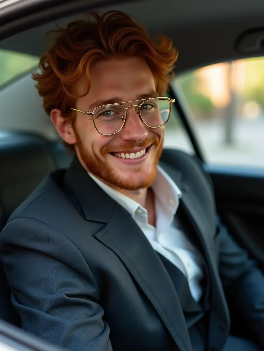 A handsome redhead gentleman, he is wearing a suit, wearing gold glasses, sitting in the car, smiling at me handsomely