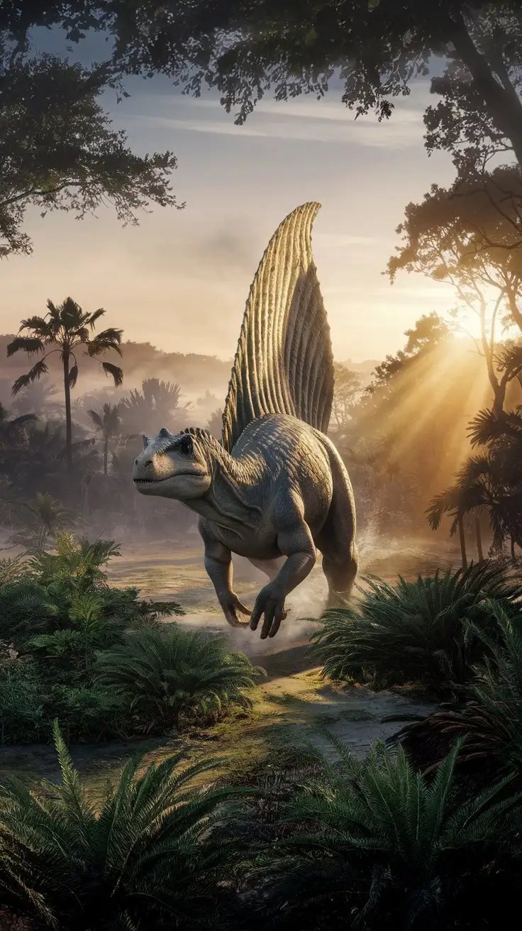 A breathtaking wide shot at dawn. Ancient Egypt, lush prehistoric jungle, mist hanging low. A massive Spinosaurus, scales detailed, powerful tail sweeping through ferns, emerging from the jungle's edge into a clearing. Golden sunlight breaking through the canopy, illuminating the Spinosaurus's sail. Realistic, paleontological accuracy, dramatic lighting, National Geographic style.