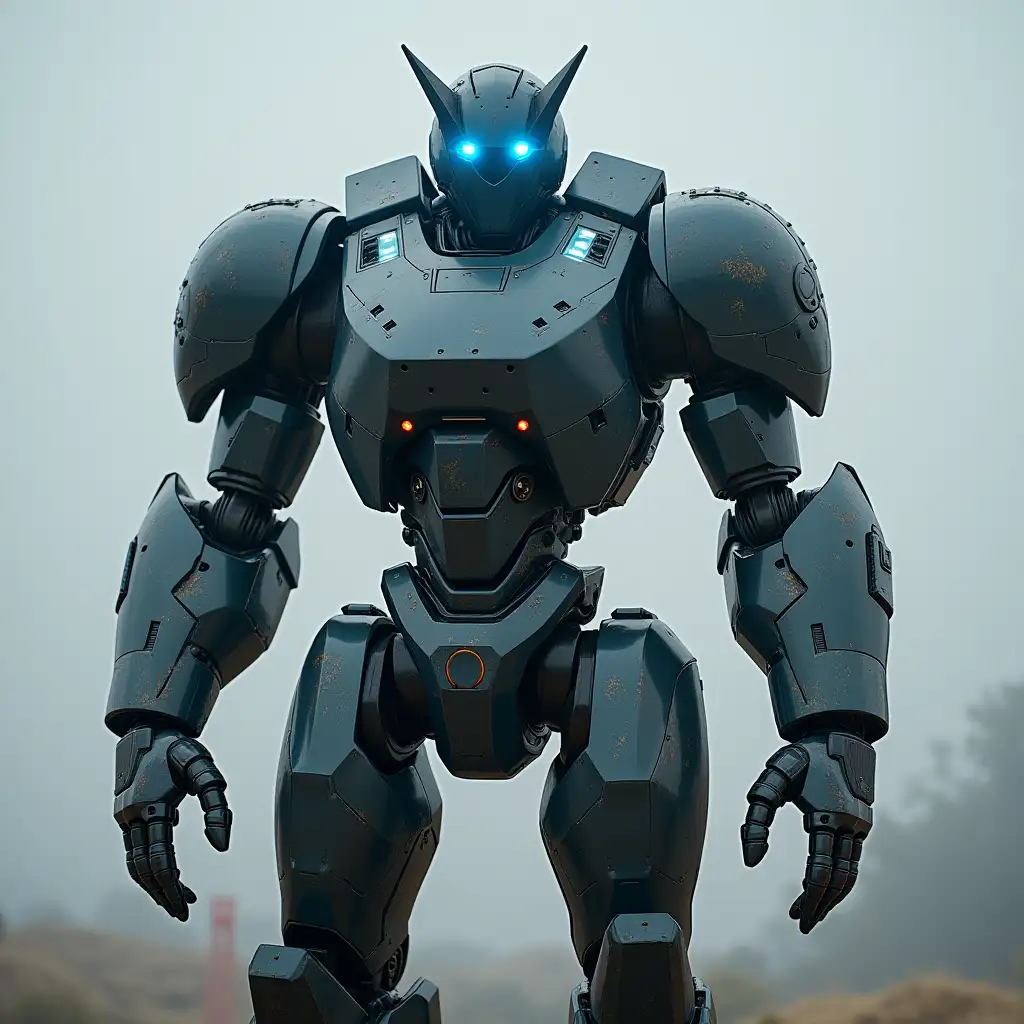 Robot guardian, that looks imposing, that is 1.90 meters tall with bright blue eyes and broad shoulders.