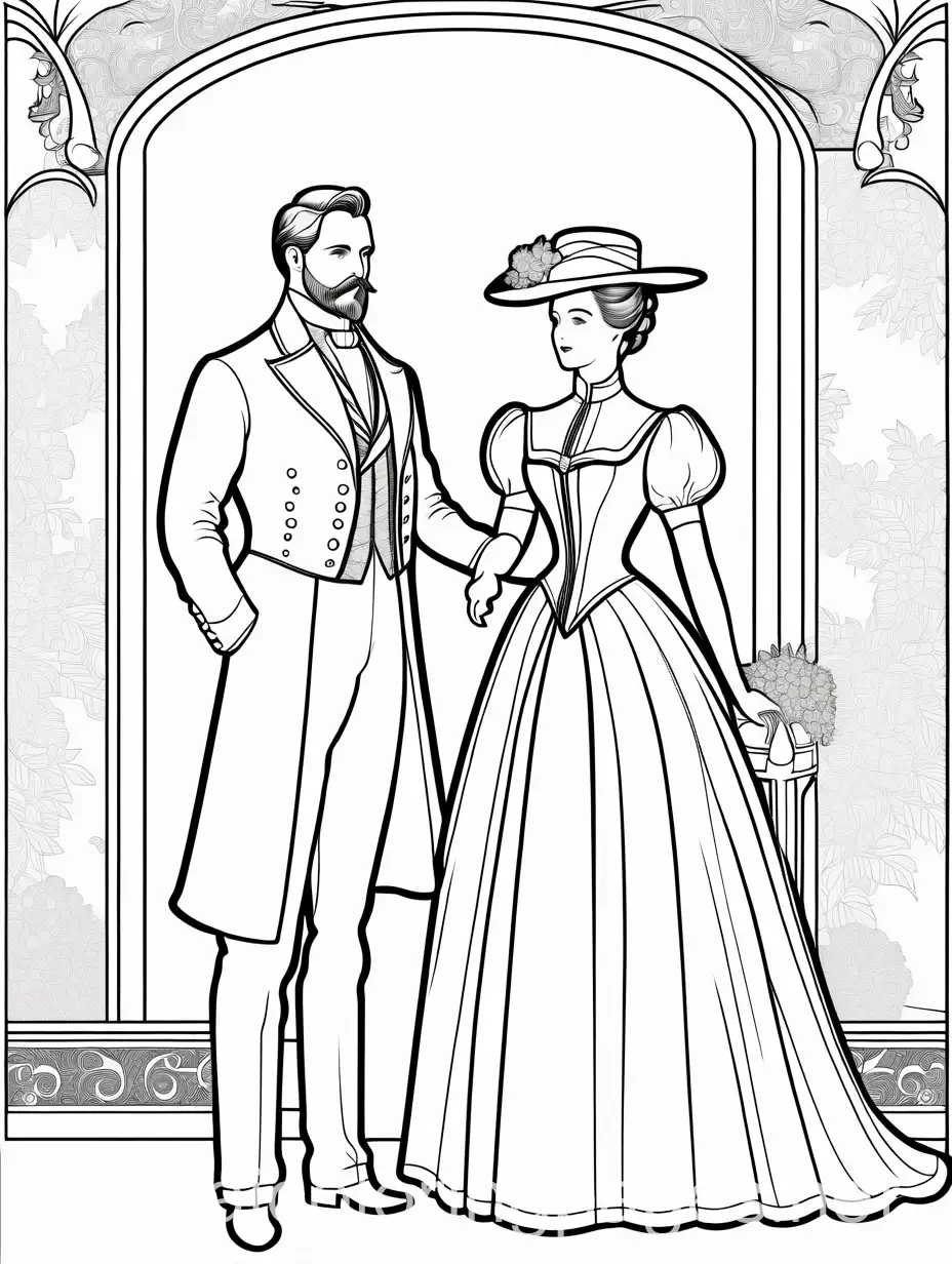 1890s-Fashion-Coloring-Page-Man-and-Woman-in-Black-and-White-Line-Art