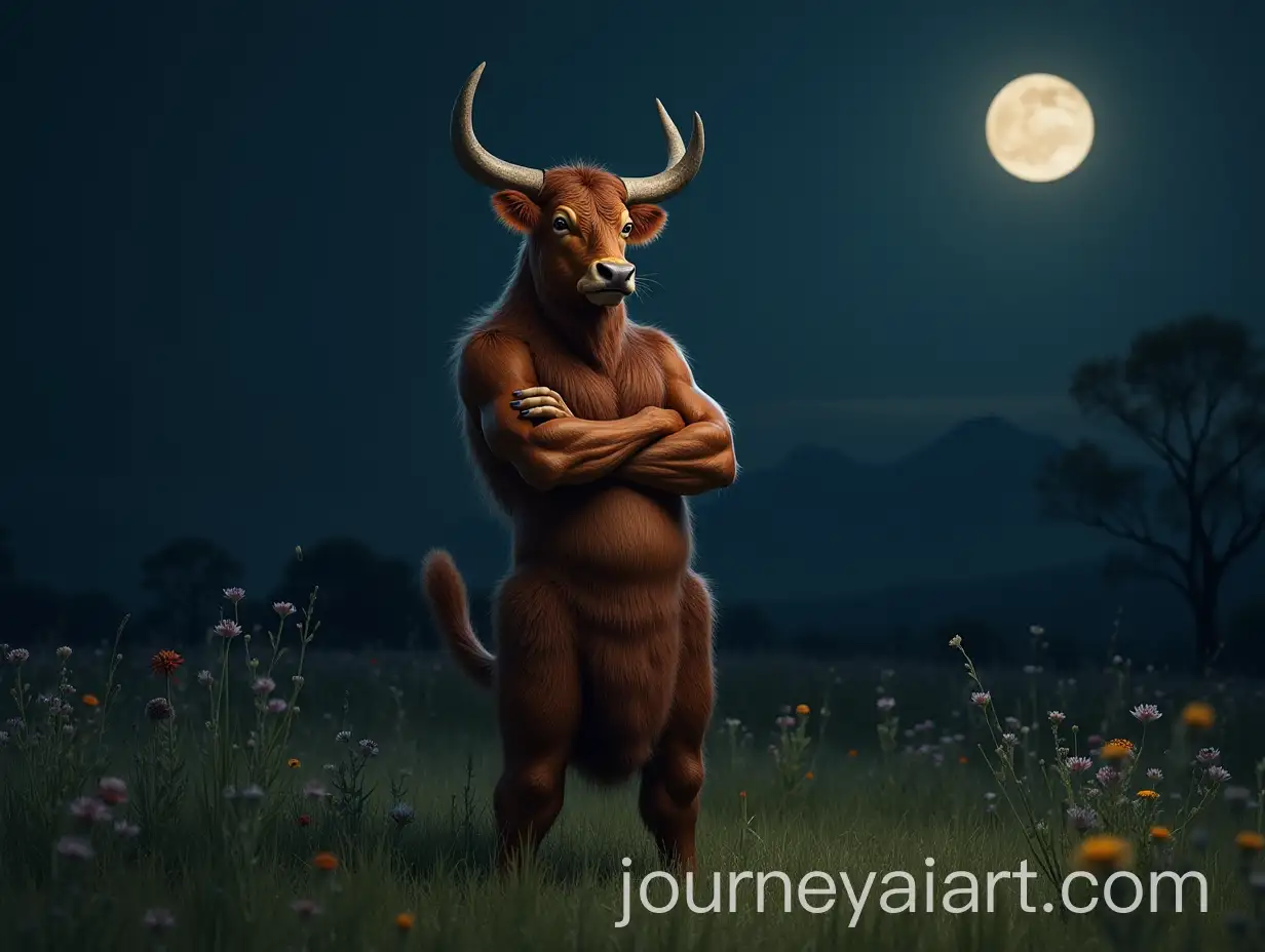 Warrior-Cow-in-Full-Armor-Standing-Under-Moonlight-on-a-Field-of-Green-Grass-and-Wildflowers