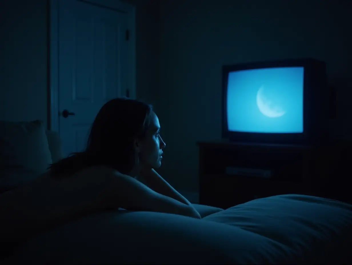 Caucasian-Woman-Watching-Old-CRT-TV-in-Dimly-Lit-Living-Room