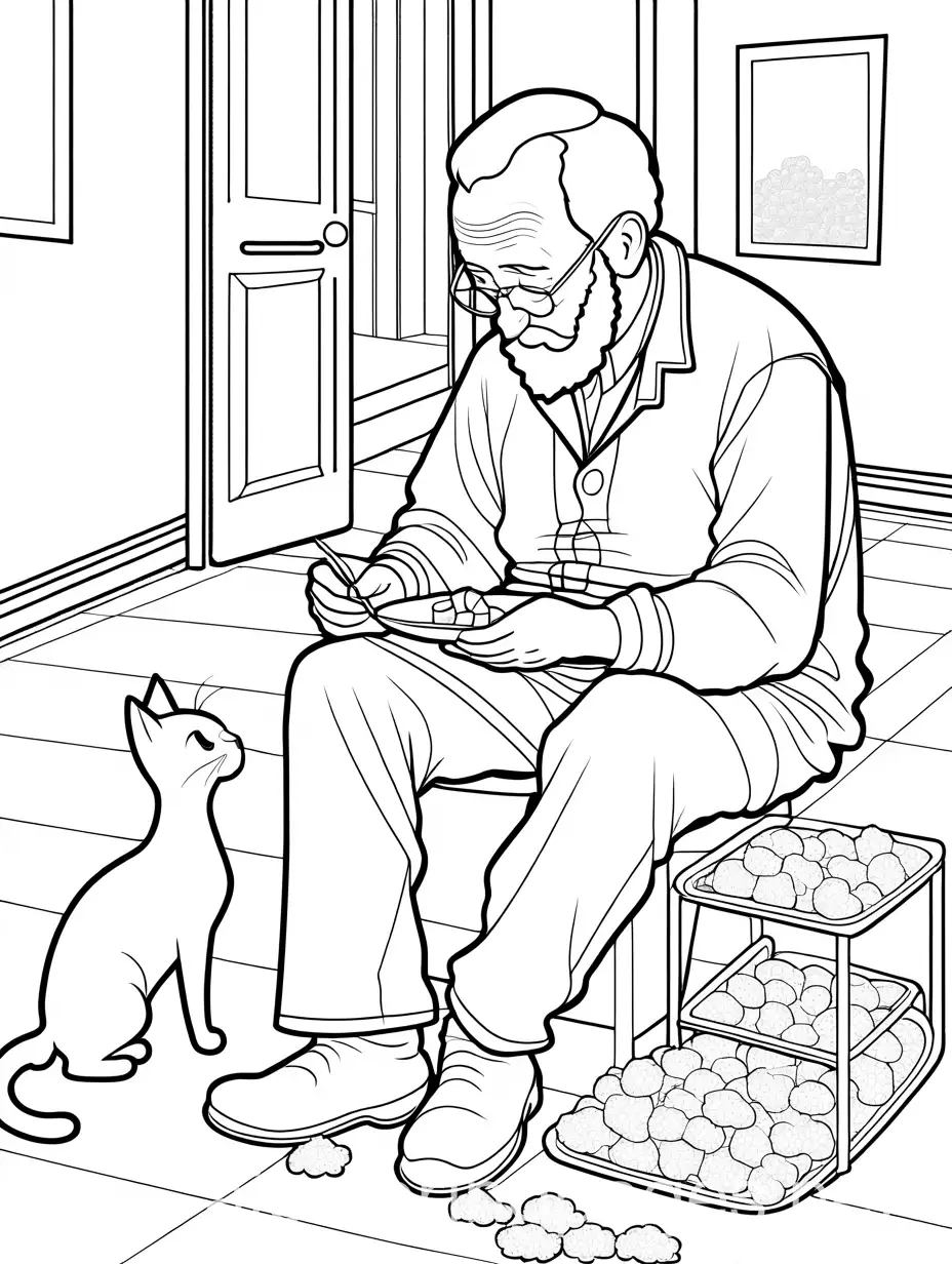 Elderly-Man-and-His-Cat-Enjoying-Snacks-Coloring-Page