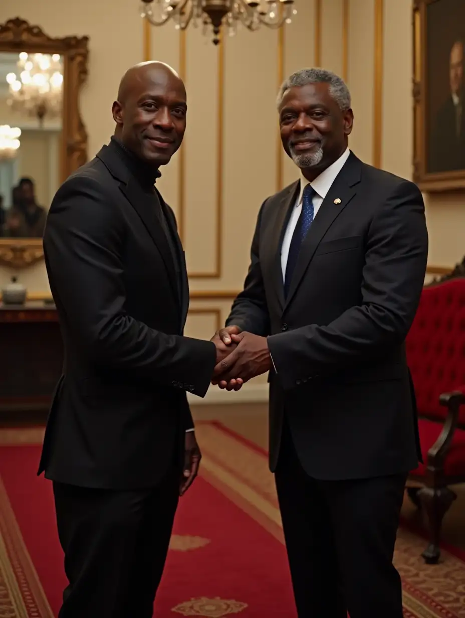 Image is a formal portrait featuring black two men standing in a well-decorated room. The man on the left has a dark complexion, He is bald, thin and a little tall. He is dressed in a dark suit with a high-collared shirt. The man on the right has a medium-dark complexion, short gray hair, and is wearing a dark suit with a white shirt and a blue tie. They are shaking hands, standing on a red carpet with gold patterns. The room has ornate decor, including a mirror, a chandelier, and a red velvet chair. The walls are cream-colored with gold accents.