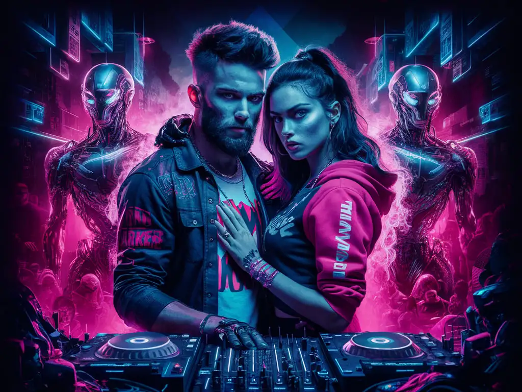 couple, raver, Jason Parker shirt, Jason Parker & Lilley hoodie, Lilley short top, hot, raver, raw image, badass filters and effects, cyberpunk cyborg, promotional image, edgy, neonpunk, music, dj, bearded man, brunette woman purple, No glasses, portrait