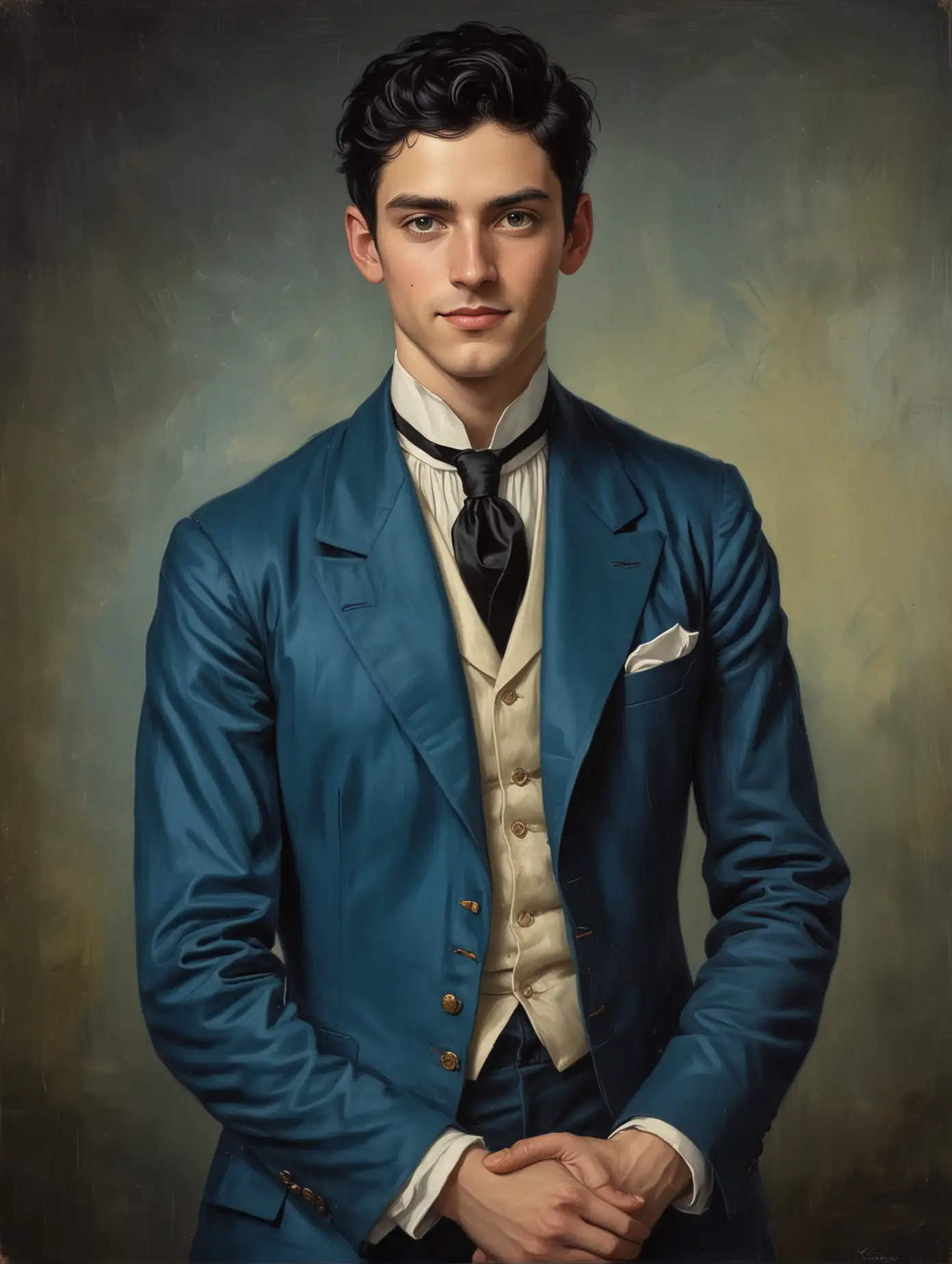 Handsome Young Man in 1910 Blue Suit Portrait of Happiness