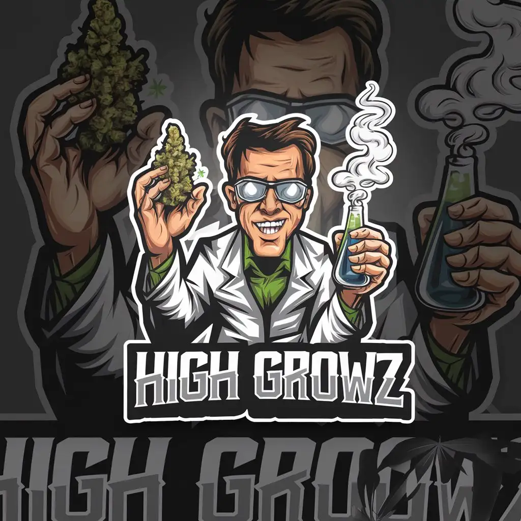 LOGO Design for High Growz Mad Scientist with Cannabis Nug and Vial Smoke or Fire Element