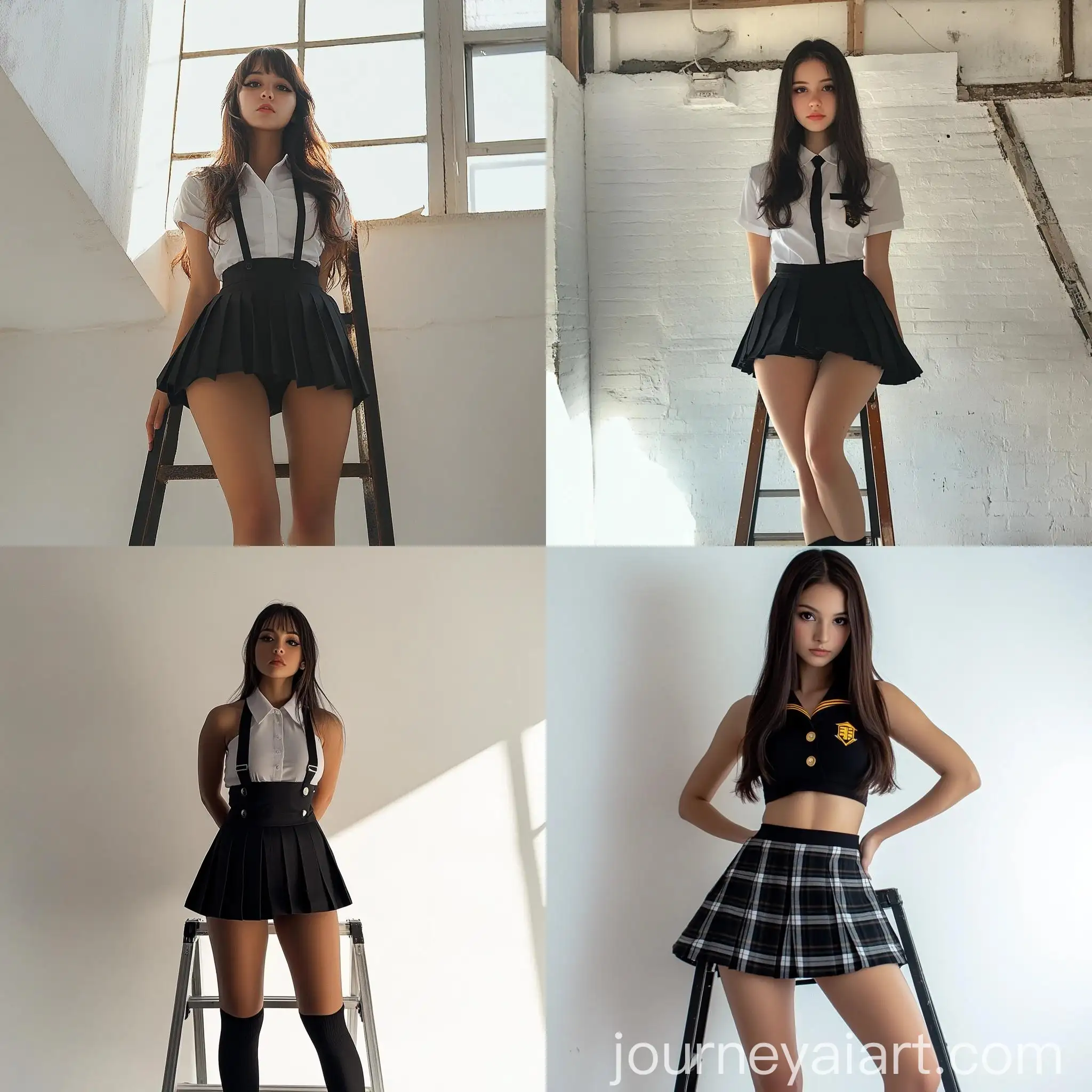 Brazilian-Woman-in-Black-Seifuku-School-Uniform-Posing-on-Ladder