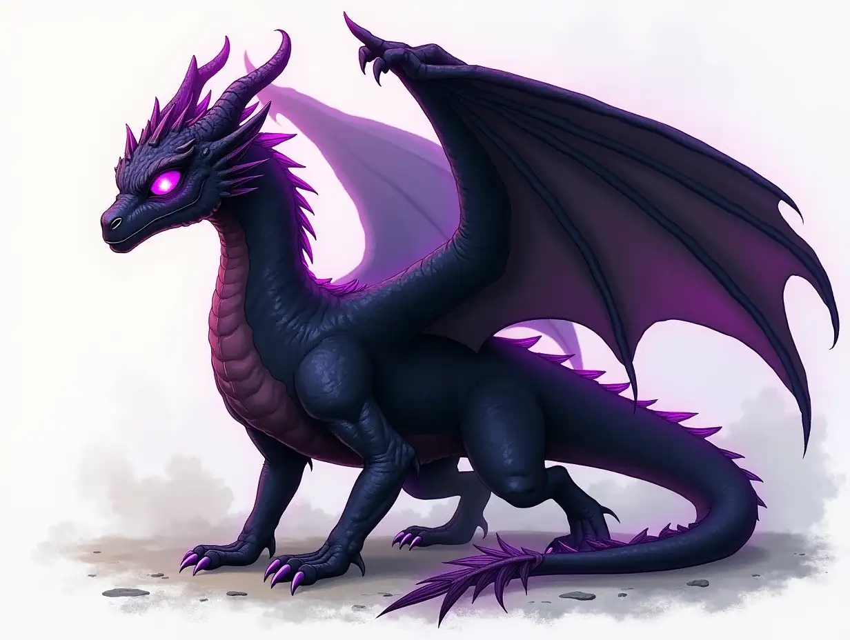 draw a large adult dragon who is all black and has fiery purple eyes