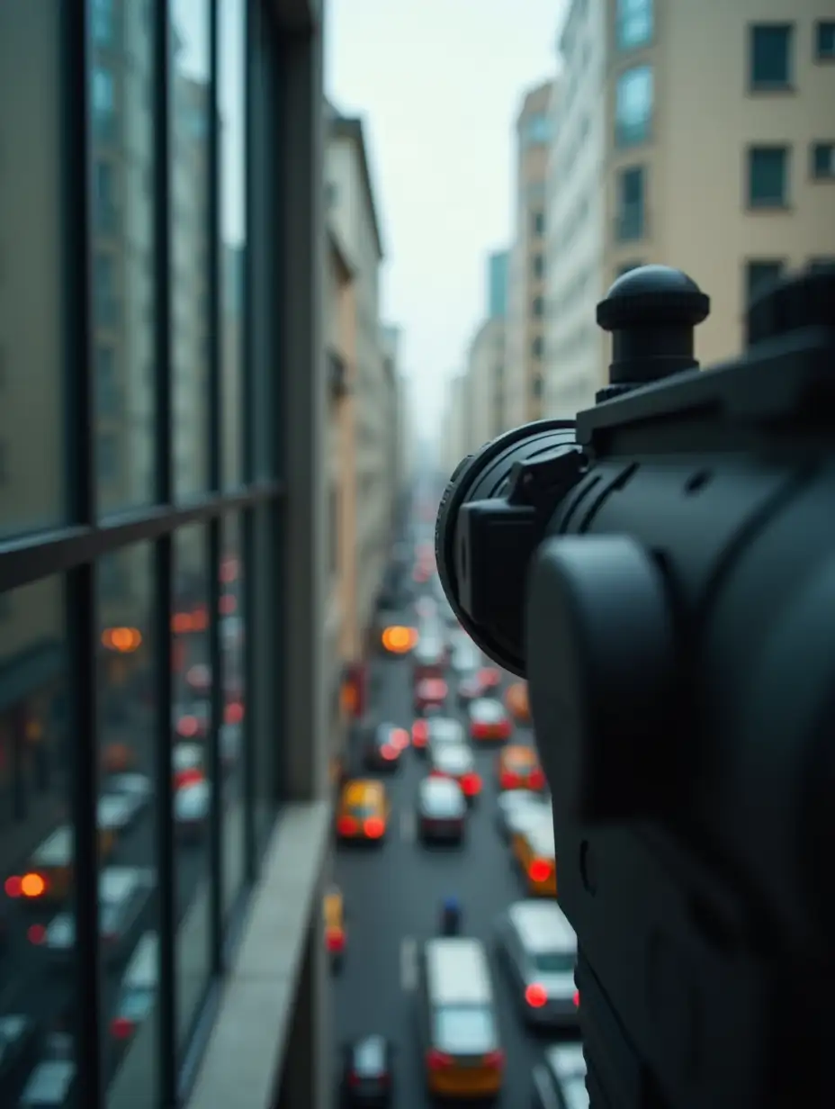 Close-up side view of glass windows on the third-to-last floor of a tall building. A sniper rifle barrel is slightly visible, emerging from one window. The camera moves closer, zooming in on the barrel. As it reaches the tip, the perspective shifts, aligning with the sniper’s view. A narrow street below is filled with heavy movement.