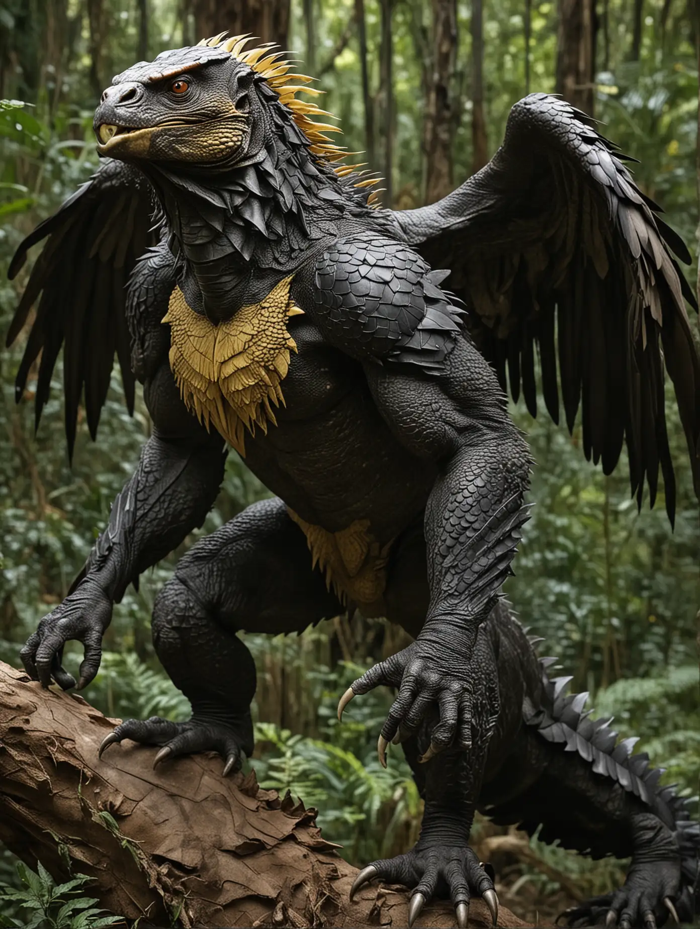 A powerful, land-based predator with the muscular body of a gorilla, the scaled skin and claws of a Komodo dragon, and the sharp beak and wings of a hawk. Its limbs are thick and powerful, with claws sharp enough to climb or tear prey apart. Its head is elongated, with a hooked beak and piercing yellow eyes, while massive wings sprout from its back, their feathers blending into scales near the edges. Its tail is long and whip-like, ending in a serrated, spiked tip. Background forest 