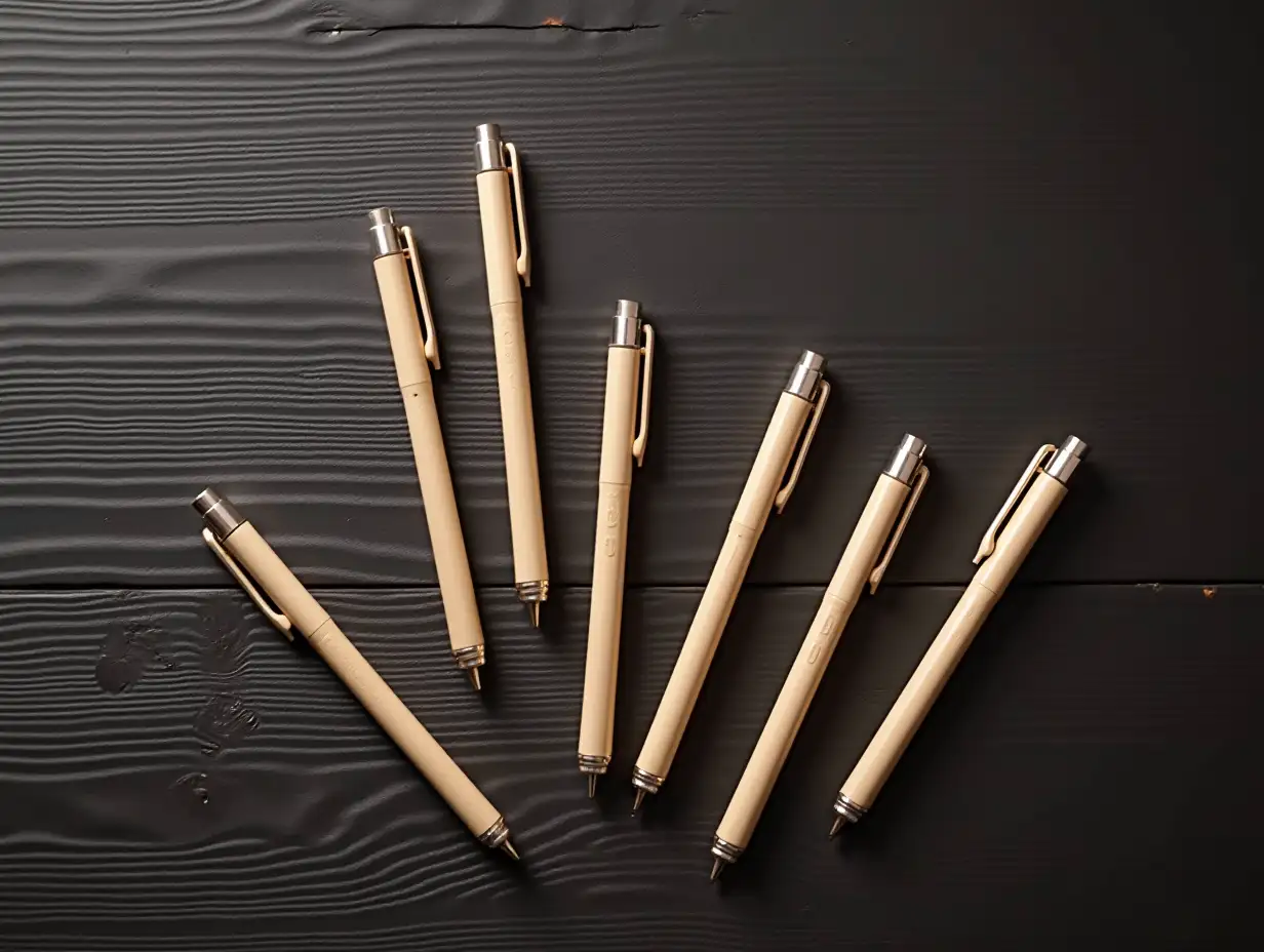 Mockup-of-Beige-Pens-on-Dark-Wood-Background