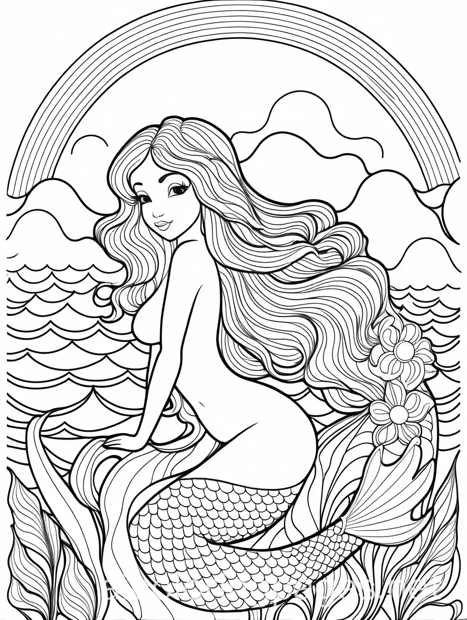 Mermaid-Coloring-Page-with-Rainbow-Hair-Black-and-White-Line-Art