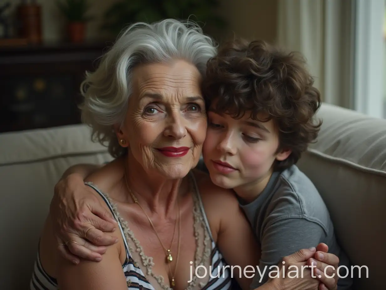 Senior-Woman-and-Handsome-Boy-Hugging-on-Sofa-in-Cozy-Room