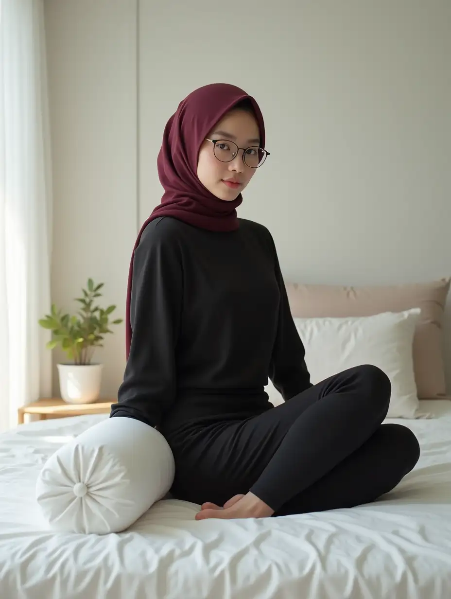 Serene-Asian-Woman-in-Maroon-Hijab-and-Black-Swimsuit-on-White-Bed