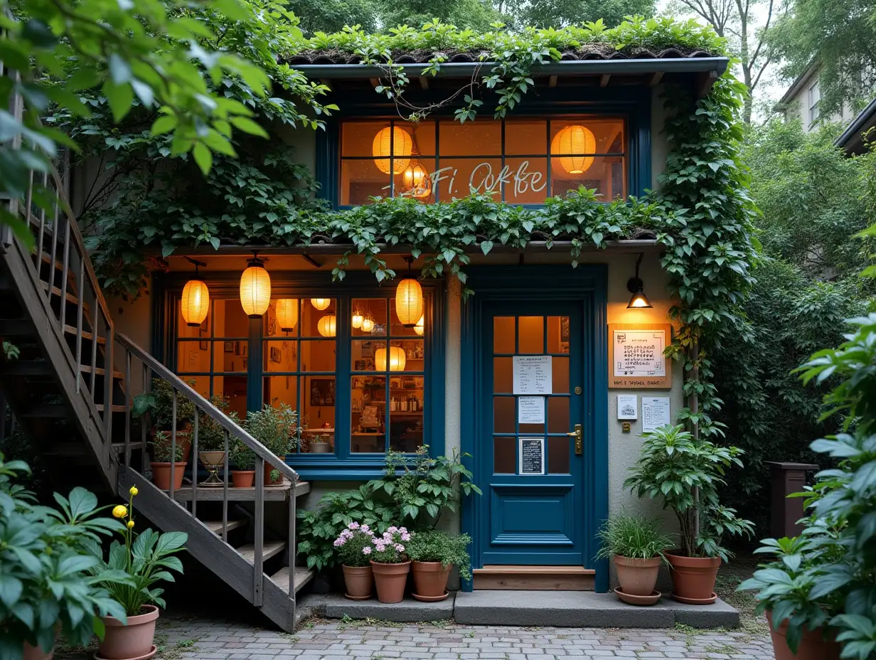 Cozy-and-Enchanting-Urban-Caf-LoFi-Coffee-Surrounded-by-Lush-Greenery