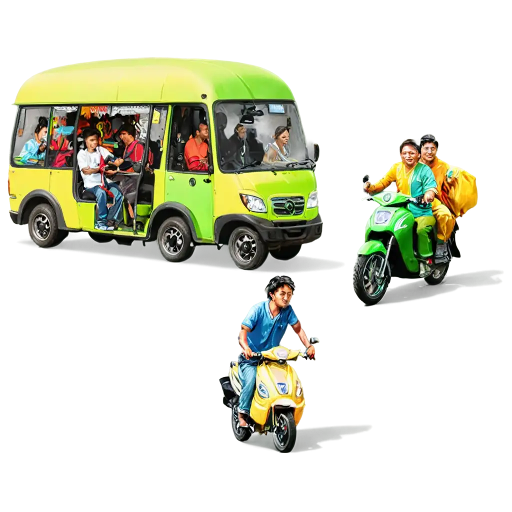 Colorful-PNG-Illustration-of-Various-Modes-of-Transport-Angkot-Ojek-Ketinting-Motorcycle-Taxi-Mini-Bus-Traditional-Boat-and-Pedestrian