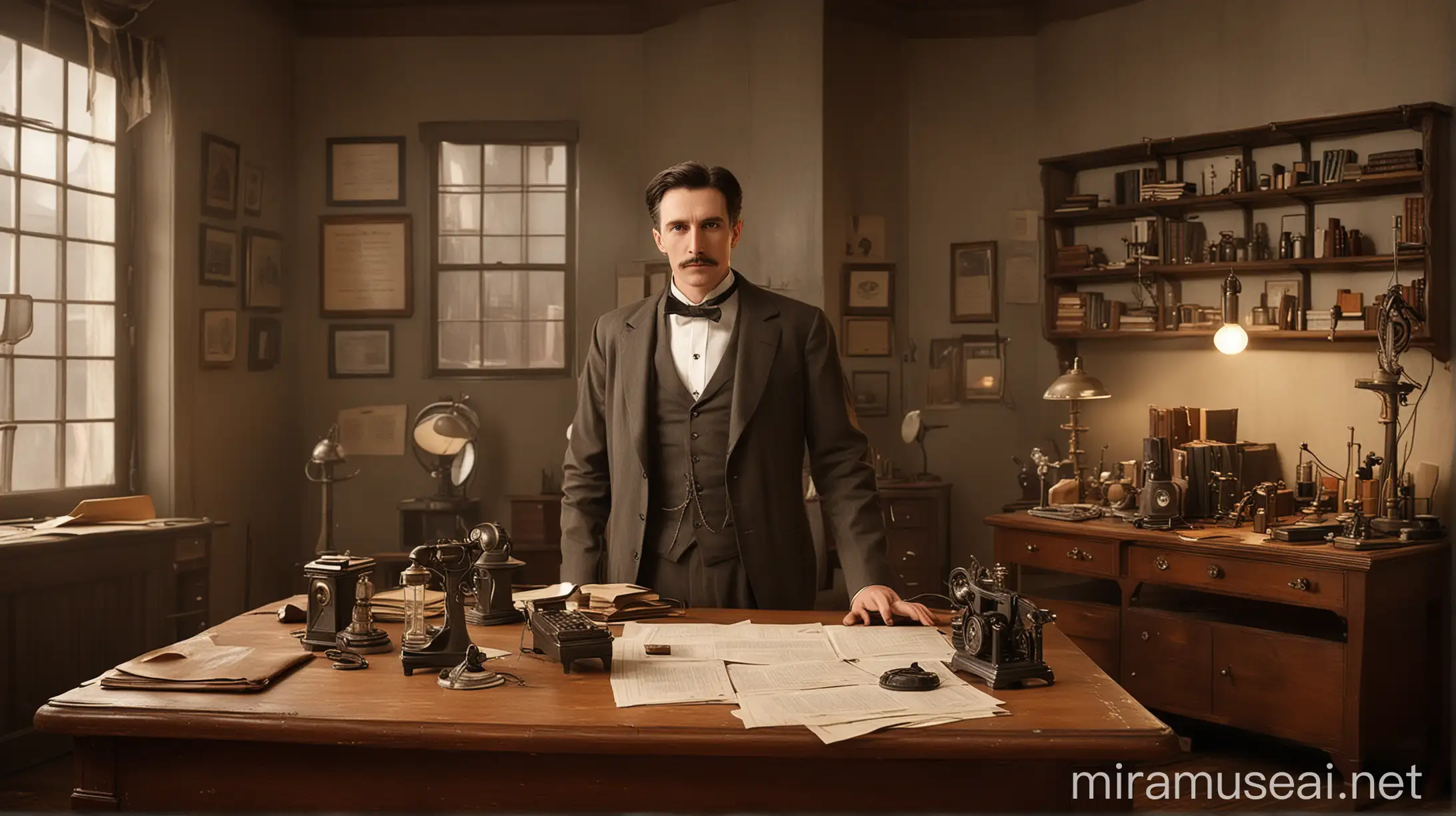 Nikola Tesla in Vintage Office Setting with Scientific Instruments