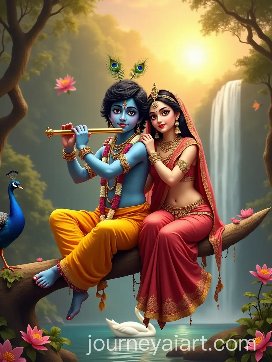 Radha-and-Krishna-Seesaw-Play-with-Waterfall-and-Peacock