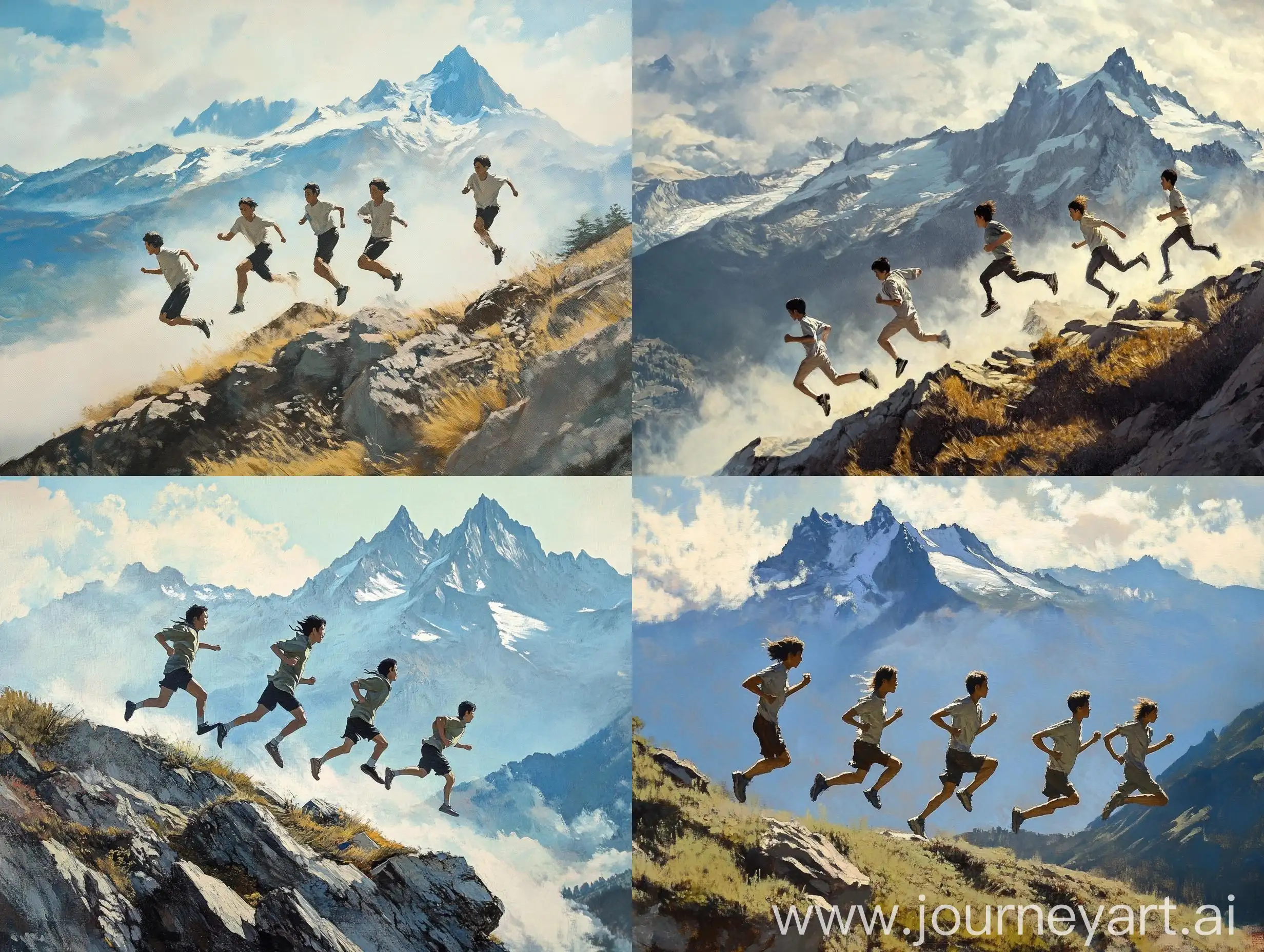 Asian-Youths-Running-Down-Mountain-Range