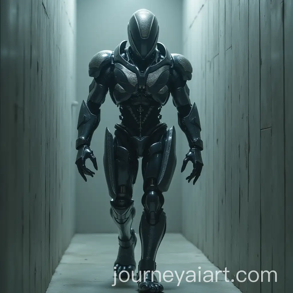 Tall-Black-Mechanical-Being-Phasing-Through-Wall-with-Glimmering-Fishlike-Silver-Scales