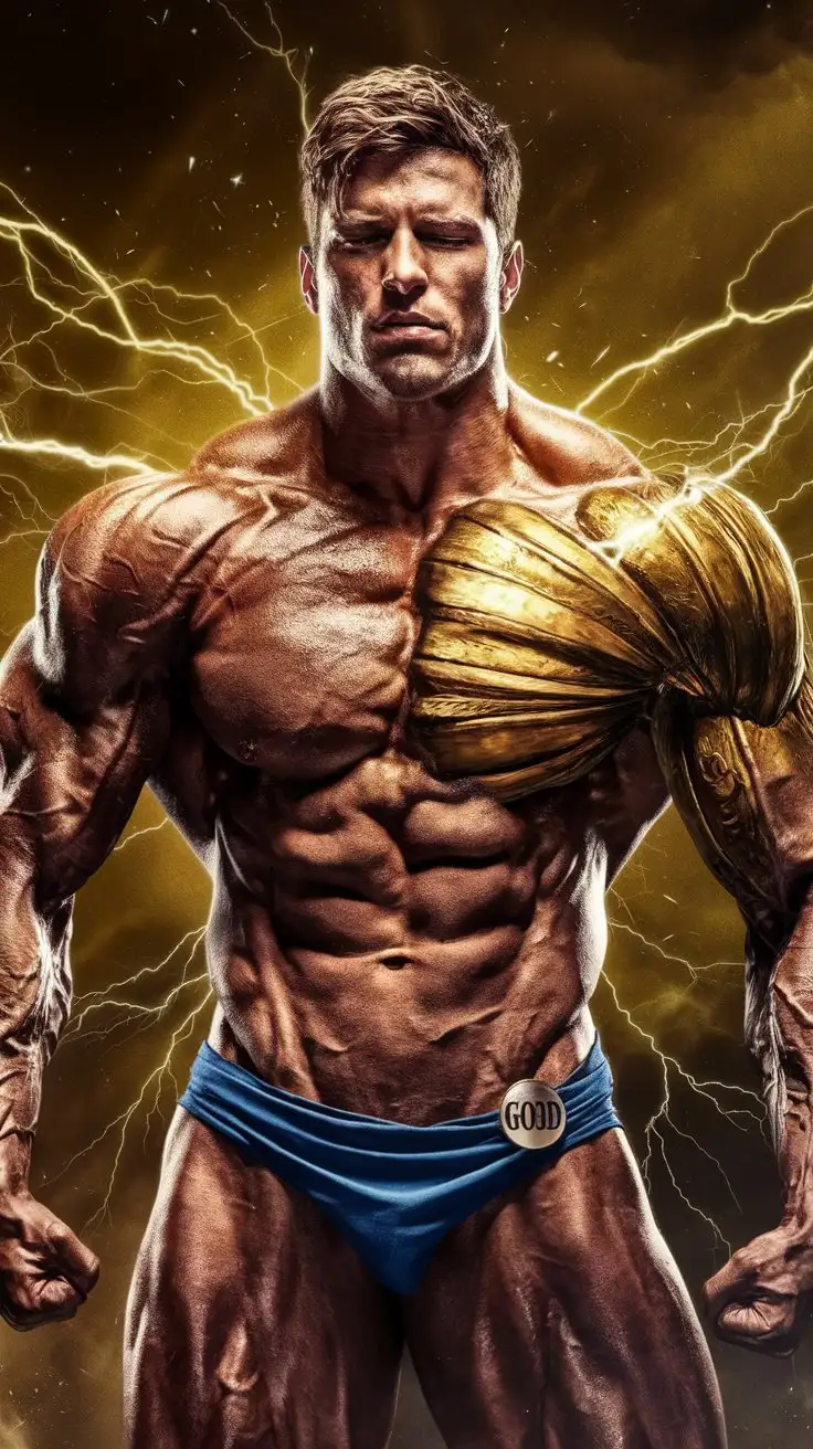 Musclegod bodybuilder receiving superhuman brawn from the gods. Golden electrical glow. Growing Herculean muscles.