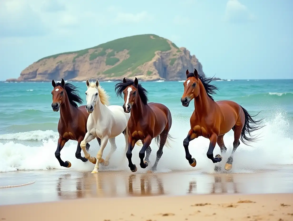 A photograph in a photo style, depicting several swift horses running on the beach, with sea foam splashing, and a backdrop of a meticulously carved, colorfully patterned island landscape.