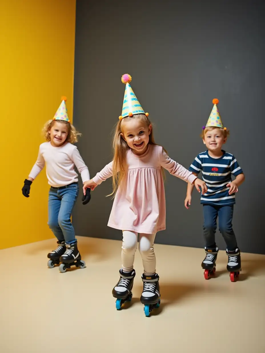 Happy children, two boys and a girl, with party hats on their birthday, skating around the room on rollerblades freestyle, in a room, yellow, gray, black walls