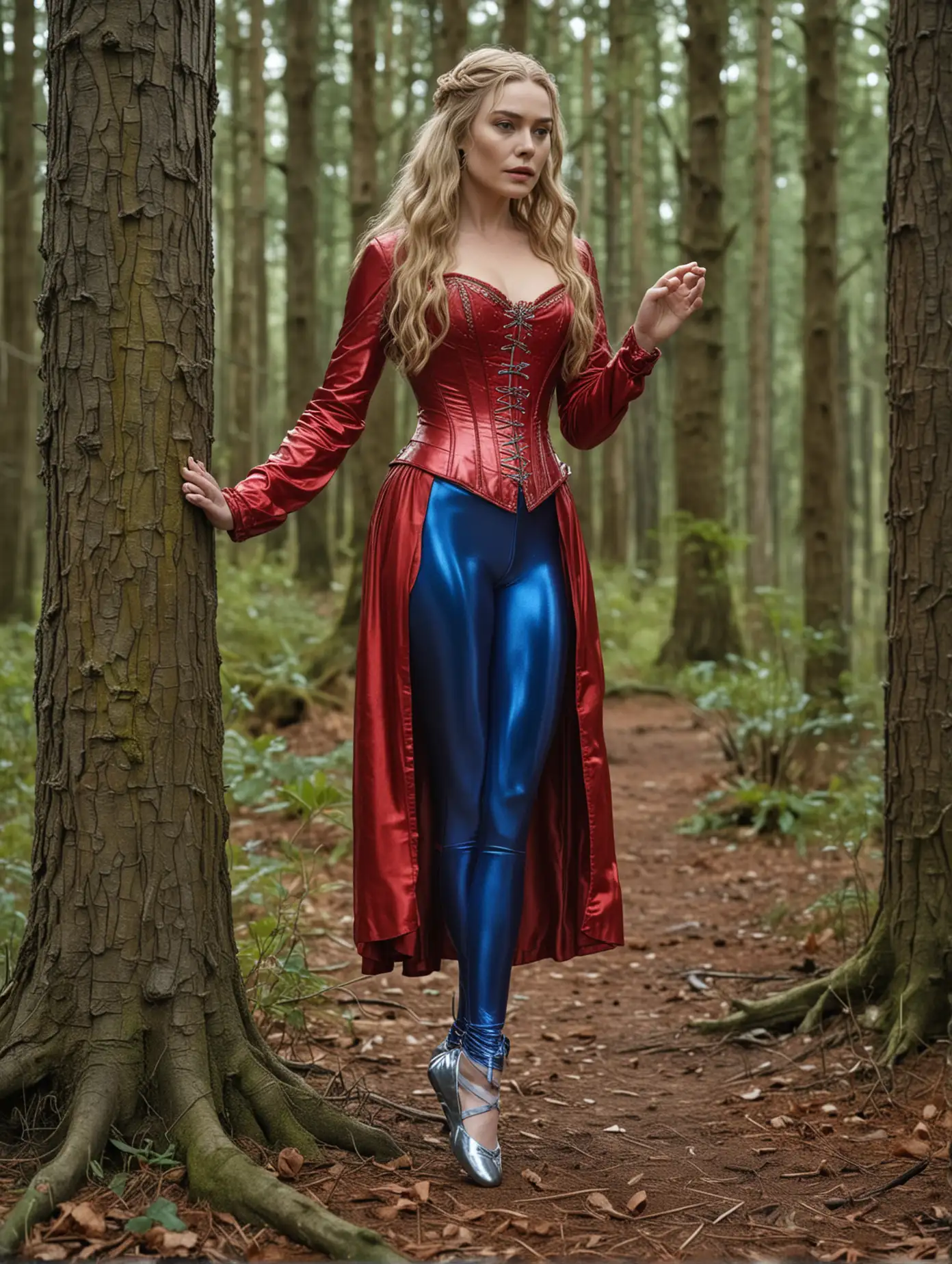 Cersei Lennister, in einer roten glänzenden Unterbrustcorsage,  blauen glänzenden leggings, mit silbernen Ballettschläppchen, zwischen zwei Bäumen gekreuzigt, im Wald