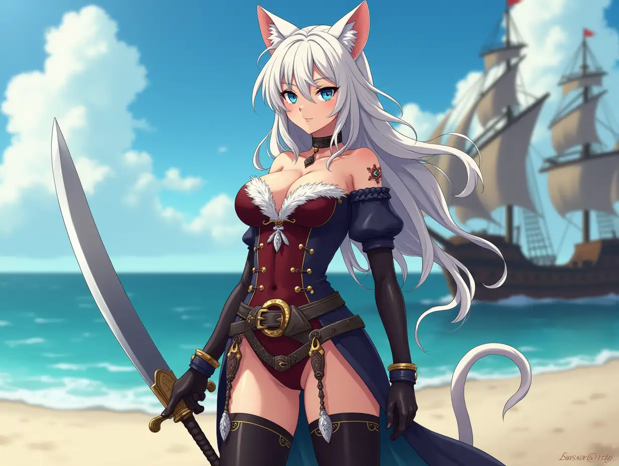 A mature adult feline/woman dressed as a pirate with a sword on a beach.  A pirate ship in the background. Her 30-something years are disguised by her youthful facial features, except for her subtle wrinkles around the eyes, extremely slender body. Her ample bosom strains against her clothing, threatening to burst free from the fabric, extreme cleavage.  Wearing black thigh high pirate boots. She has piercing blue cat eyes. A choker adorns her neck, a subtle hint at her feline nature. Her long, white hair cascades down her back like a wild waterfall, tangled and disheveled. Her cat-like teeth glint in the light, as her white fur-lined ears punctuate her visage with sparkling black and gold earring adorns each ear, adding a touch of elegance to her feline features. Cat whiskers on her face. The attached tail at the base of her spine stirs lazily.  Long fingernails. Full body view. Anime.