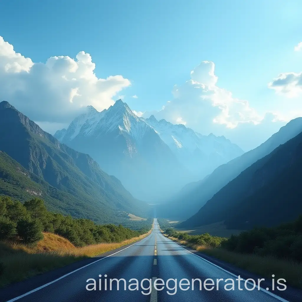 Grand-Mountain-Landscape-with-Road-under-Blue-Sky-and-Clouds