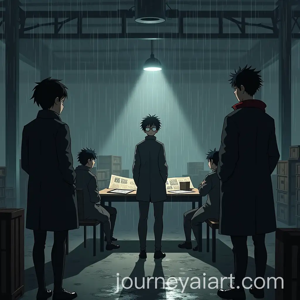 Anime-Rebel-Team-Planning-in-Rainy-Warehouse-at-Night