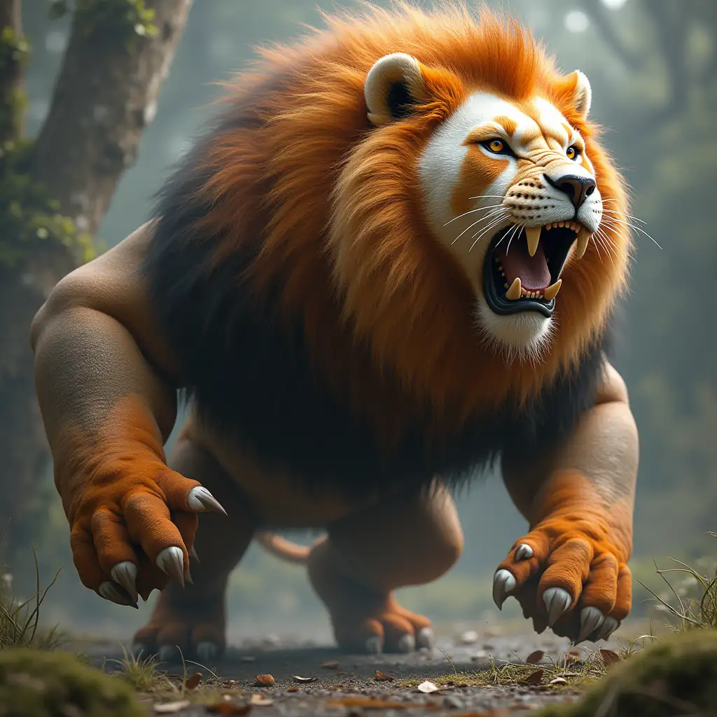 A hyper-realistic image of a powerful hybrid creature combining the majestic features of a lion and the unique traits of a panda...