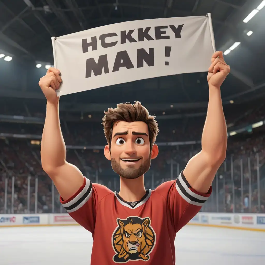 Cartoon-Handsome-Man-Holding-Banner-at-Hockey-Stand