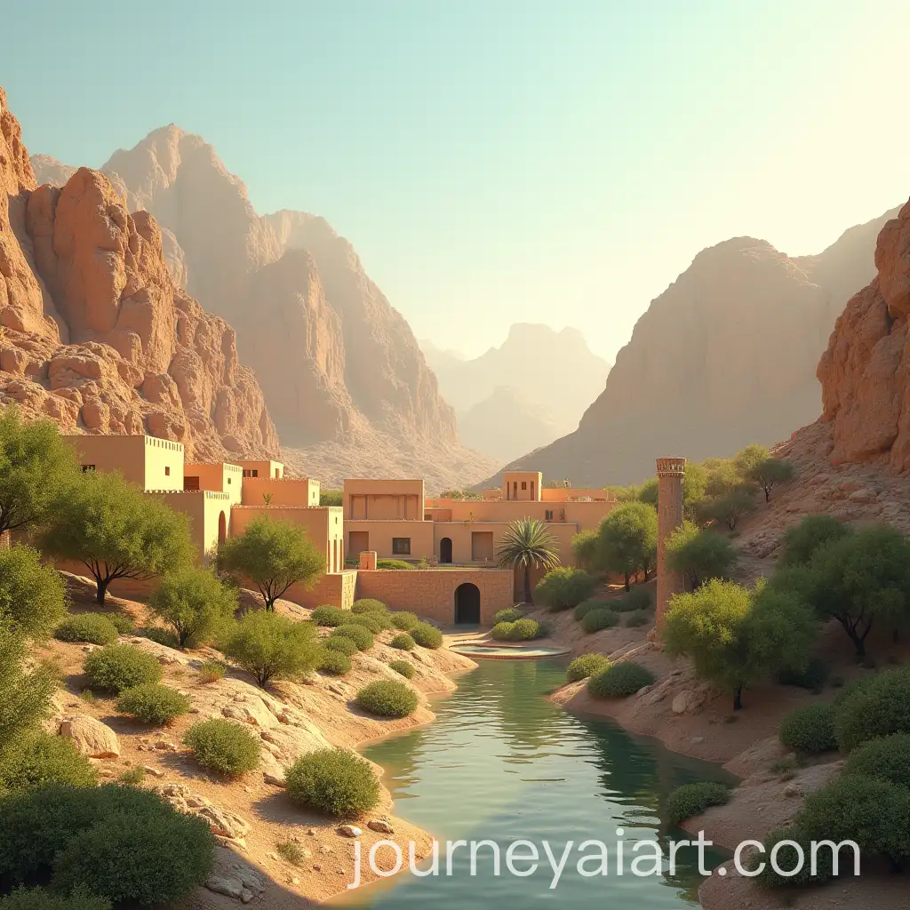 Emirati-Architecture-and-Hajar-Mountains-in-Golden-Light-with-Oasis-and-Traditional-Gardens