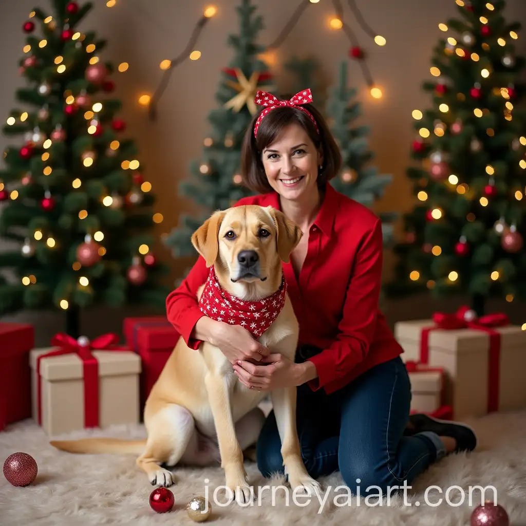 Christmas-Photoshoot-with-Woman-and-Labrador-Surrounded-by-Holiday-Decor