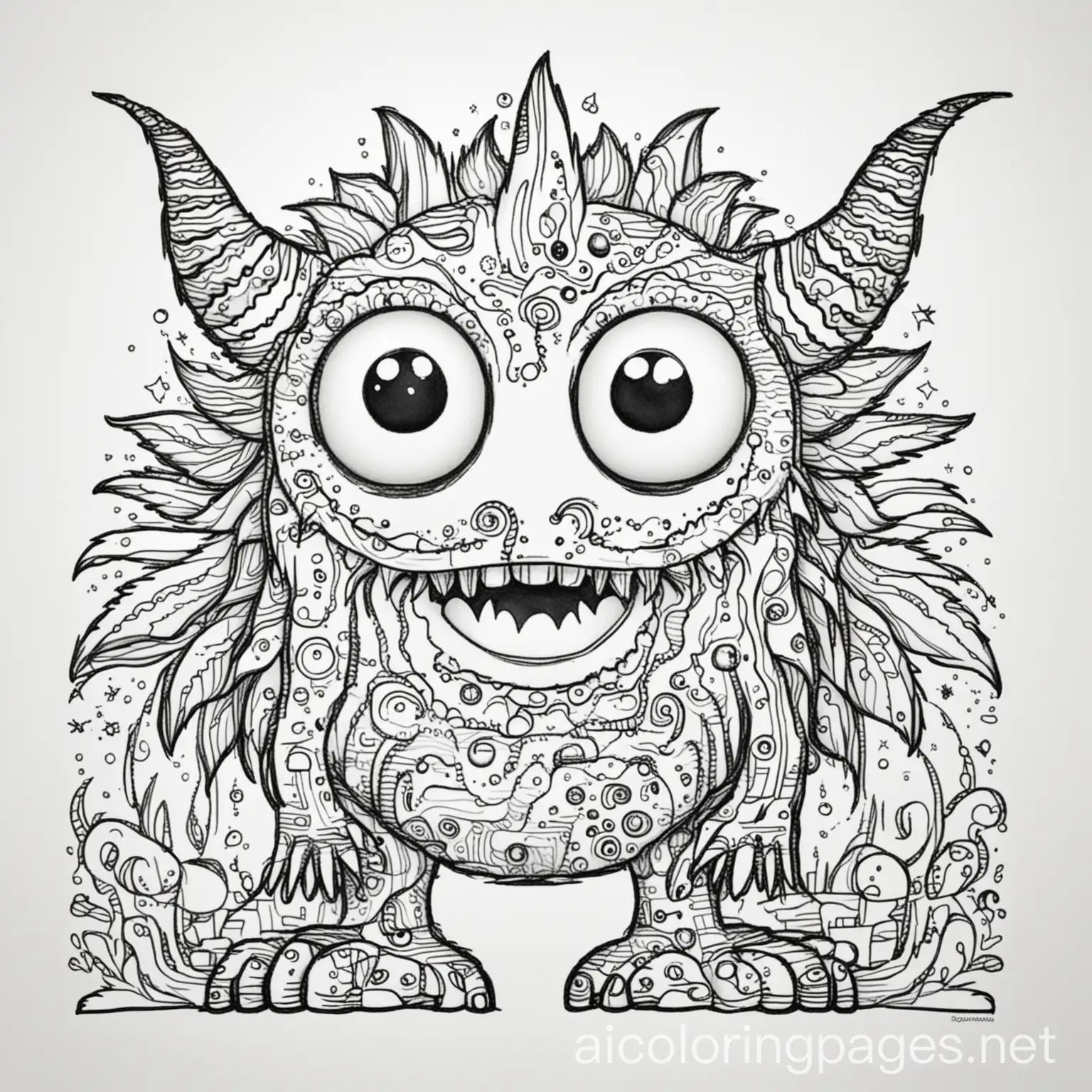 a psychedelic monster, Coloring Page, black and white, line art, white background, Simplicity, Ample White Space. The background of the coloring page is plain white to make it easy for young children to color within the lines. The outlines of all the subjects are easy to distinguish, making it simple for kids to color without too much difficulty